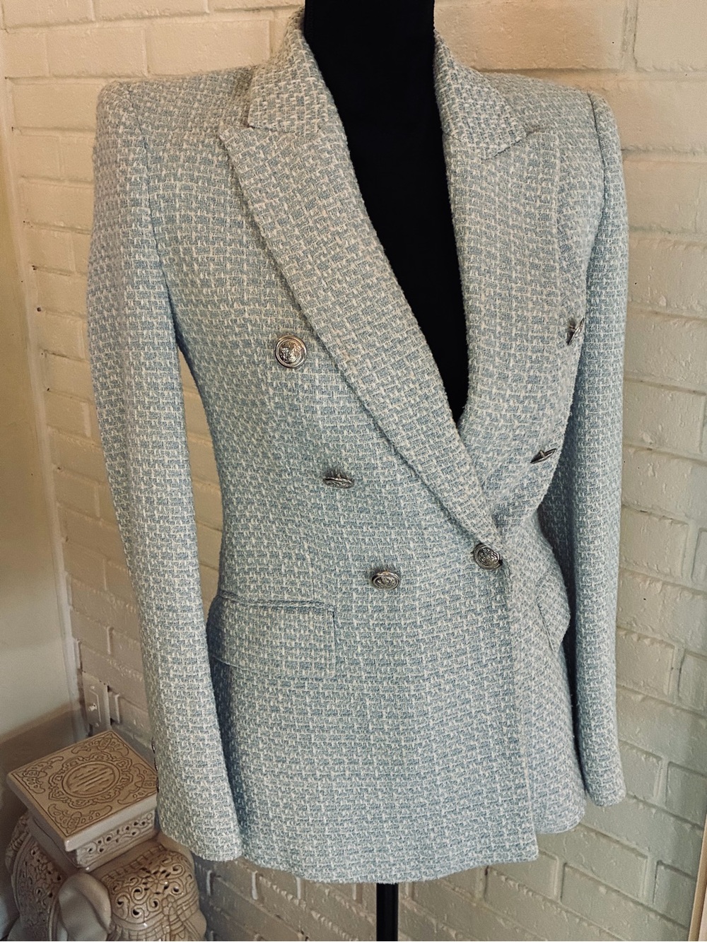 💙 ZARA Double-Breasted Tweed Blazer Jacket - Light Blue EUC XS - Picture 10 of 11